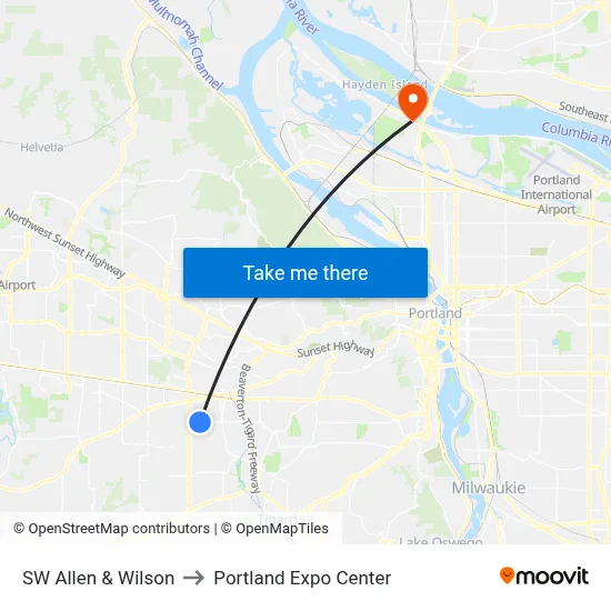 SW Allen & Wilson to Portland Expo Center map
