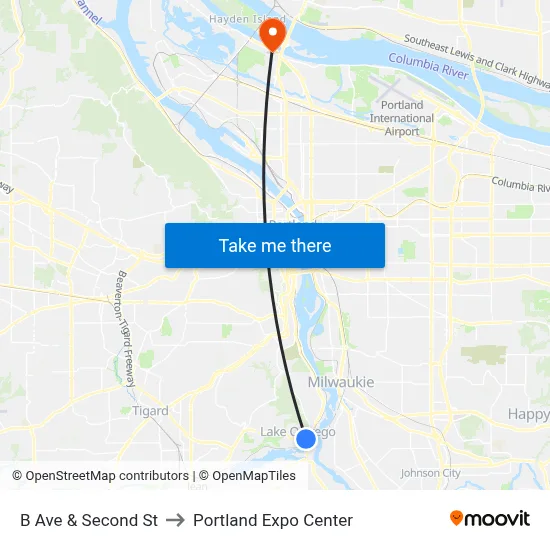 B Ave & Second St to Portland Expo Center map