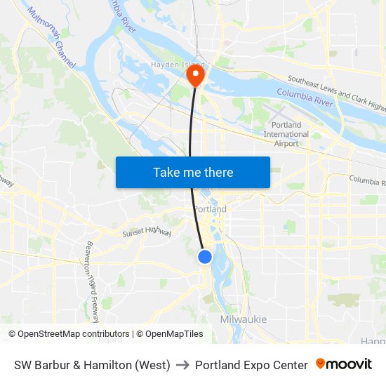 SW Barbur & Hamilton (West) to Portland Expo Center map