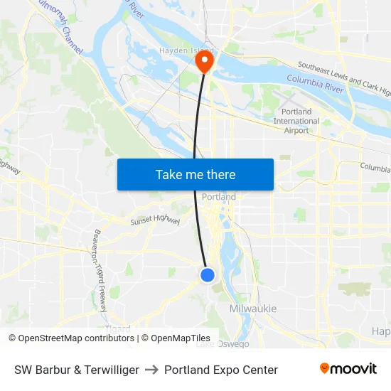 SW Barbur & Terwilliger to Portland Expo Center map