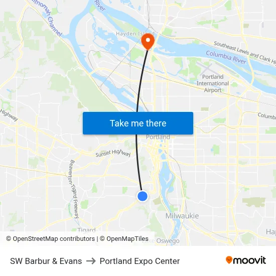 SW Barbur & Evans to Portland Expo Center map