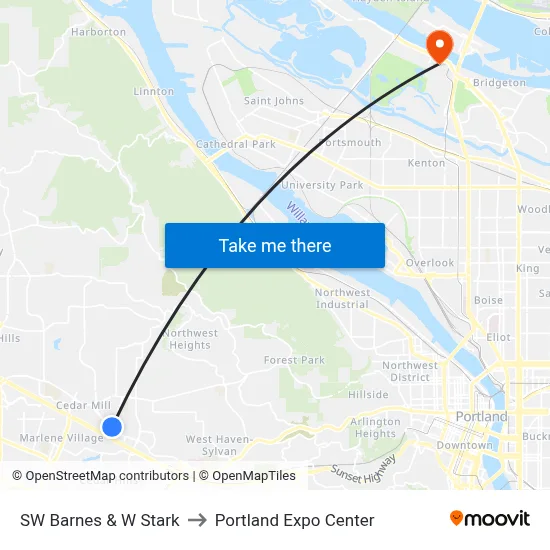 SW Barnes & W Stark to Portland Expo Center map