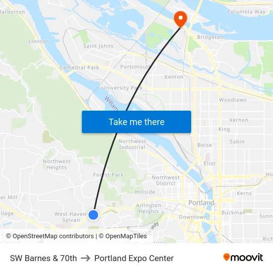 SW Barnes & 70th to Portland Expo Center map