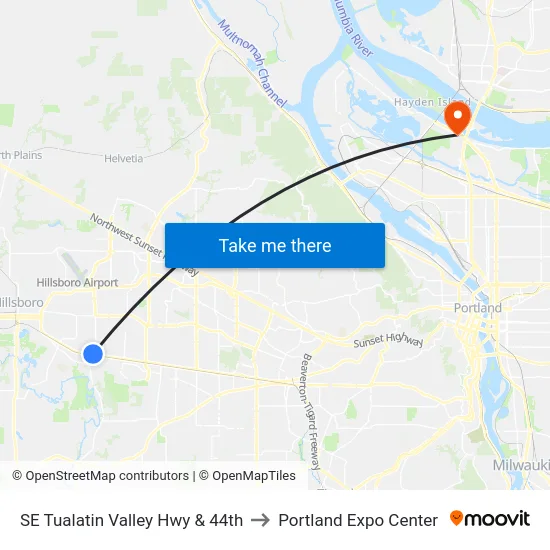 SE Tualatin Valley Hwy & 44th to Portland Expo Center map