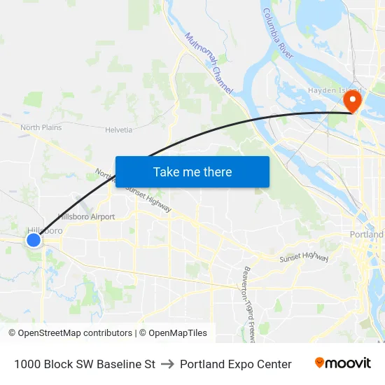 1000 Block SW Baseline St to Portland Expo Center map