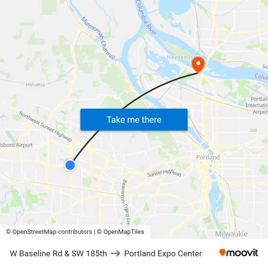 W Baseline Rd & SW 185th to Portland Expo Center map