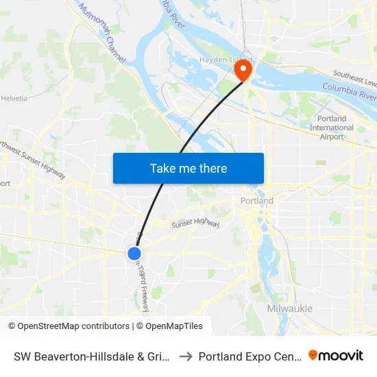 SW Beaverton-Hillsdale & Griffith to Portland Expo Center map