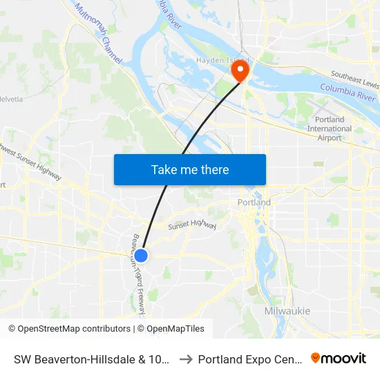 SW Beaverton-Hillsdale & 107th to Portland Expo Center map