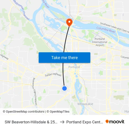 SW Beaverton-Hillsdale & 25th to Portland Expo Center map