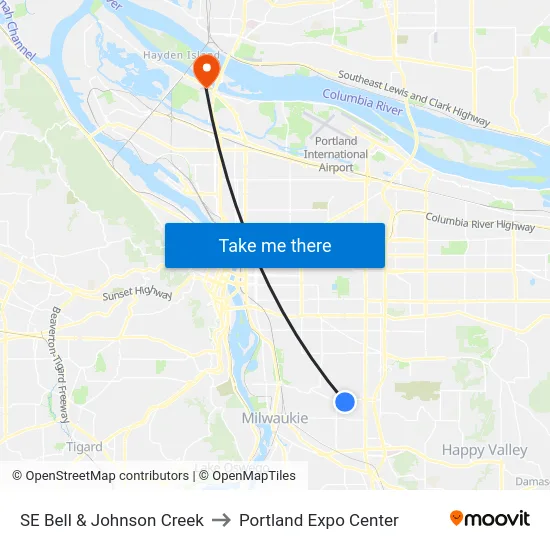 SE Bell & Johnson Creek to Portland Expo Center map