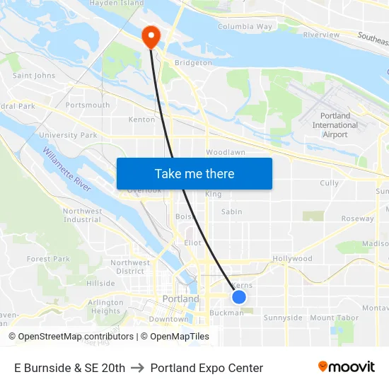 E Burnside & SE 20th to Portland Expo Center map