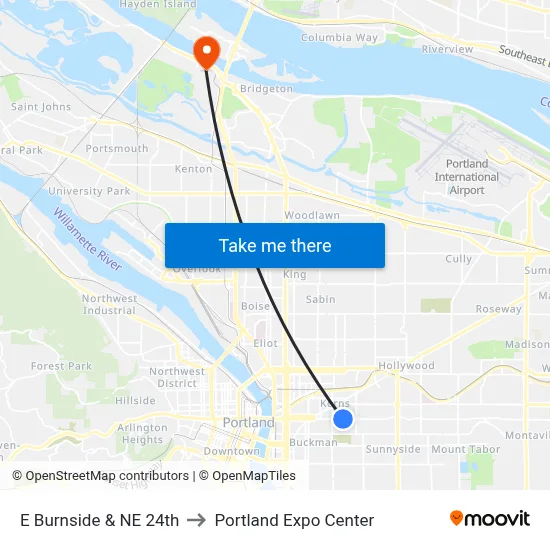 E Burnside & NE 24th to Portland Expo Center map
