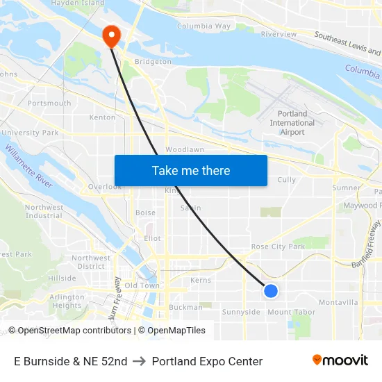 E Burnside & NE 52nd to Portland Expo Center map