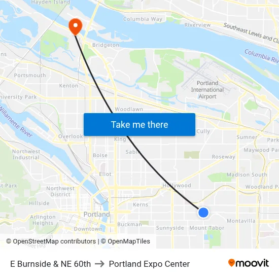 E Burnside & NE 60th to Portland Expo Center map