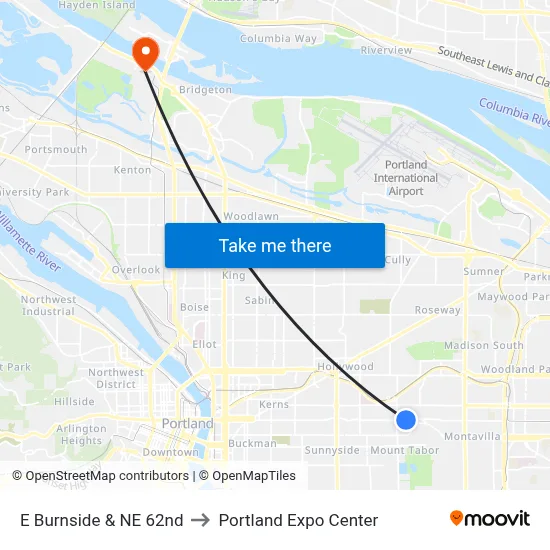 E Burnside & NE 62nd to Portland Expo Center map