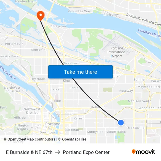 E Burnside & NE 67th to Portland Expo Center map