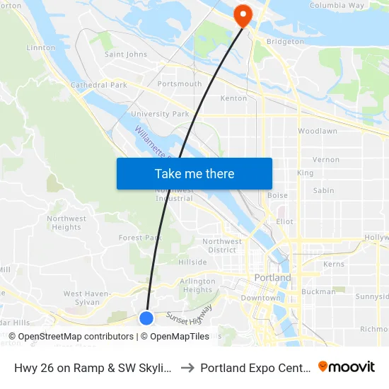 Hwy 26 on Ramp & SW Skyline to Portland Expo Center map