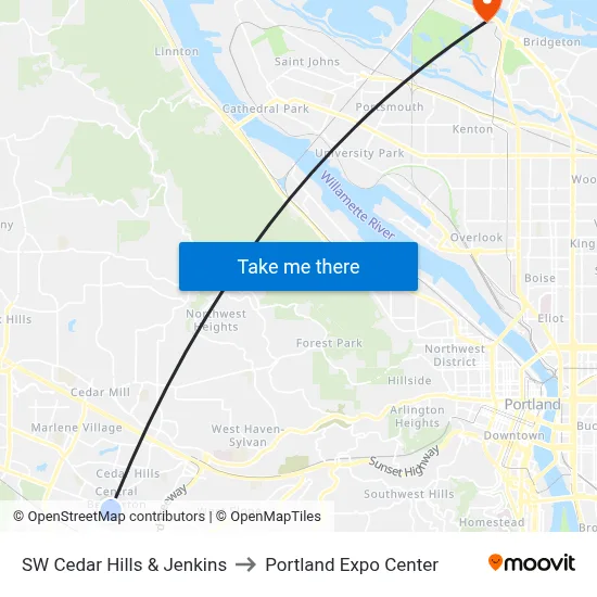 SW Cedar Hills & Jenkins to Portland Expo Center map