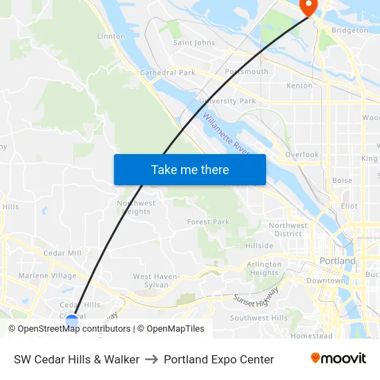 SW Cedar Hills & Walker to Portland Expo Center map