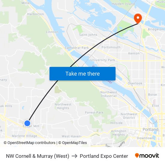 NW Cornell & Murray (West) to Portland Expo Center map