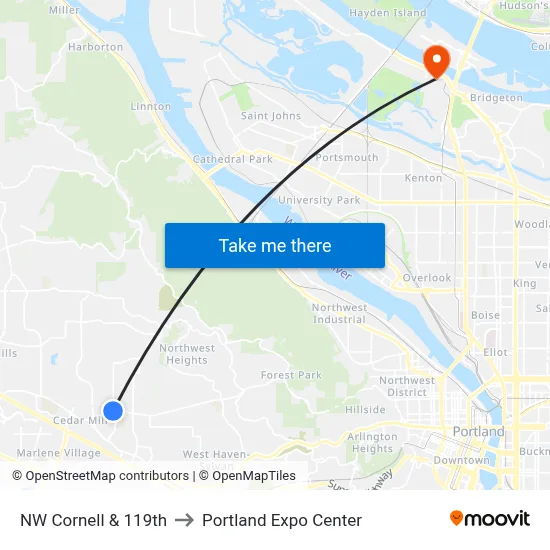 NW Cornell & 119th to Portland Expo Center map