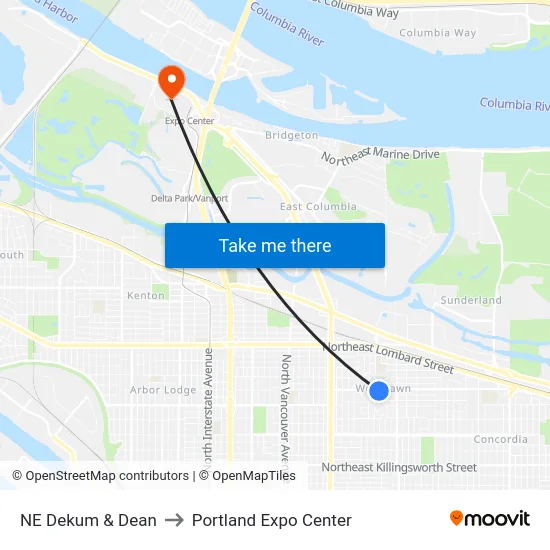 NE Dekum & Dean to Portland Expo Center map