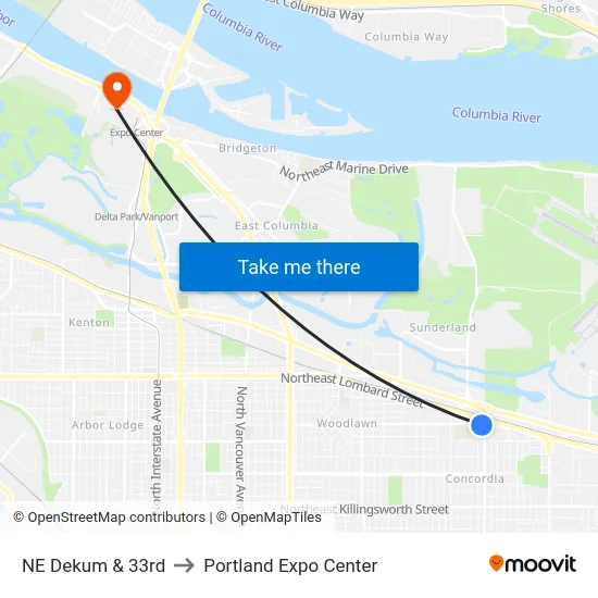 NE Dekum & 33rd to Portland Expo Center map