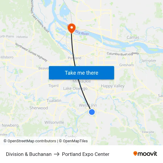 Division & Buchanan to Portland Expo Center map