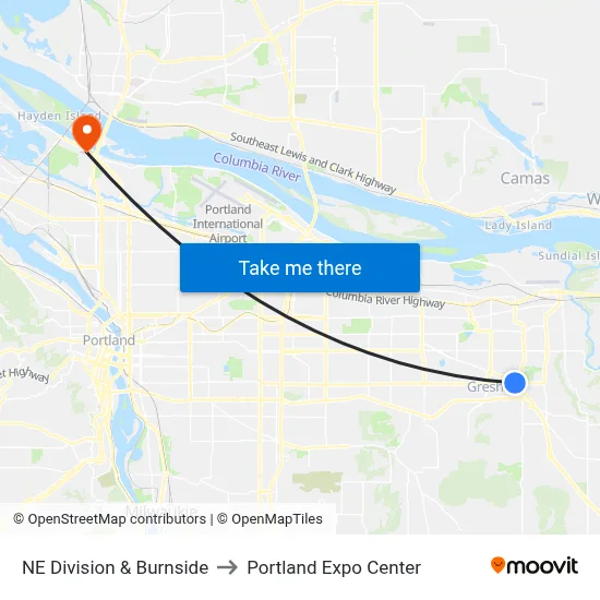 NE Division & Burnside to Portland Expo Center map