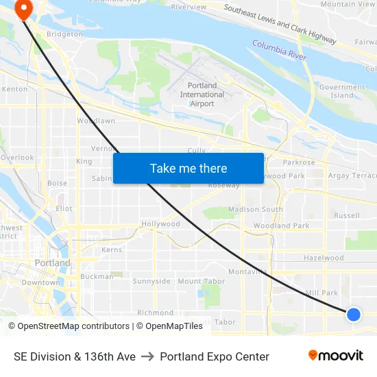 SE Division & 136th Ave to Portland Expo Center map