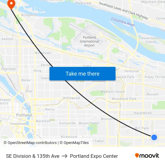 SE Division & 135th Ave to Portland Expo Center map