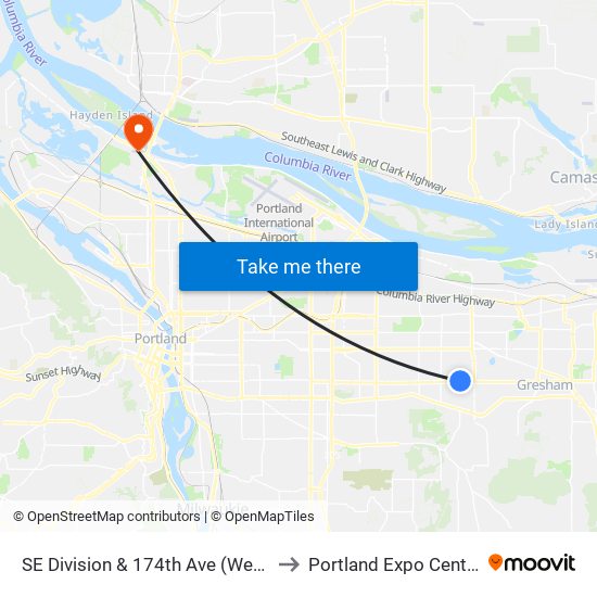 SE Division & 174th Ave (West) to Portland Expo Center map