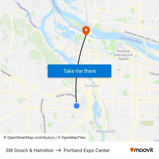 SW Dosch & Hamilton to Portland Expo Center map