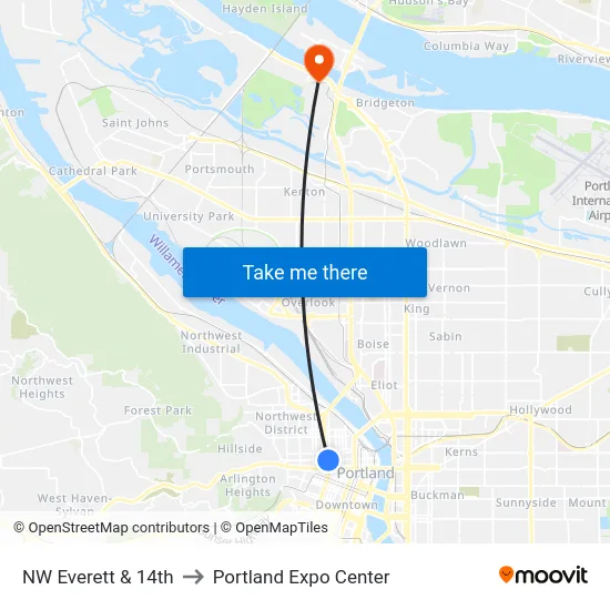 NW Everett & 14th to Portland Expo Center map