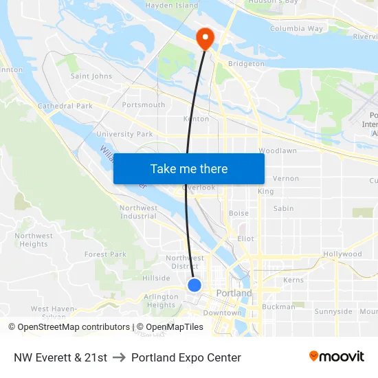 NW Everett & 21st to Portland Expo Center map