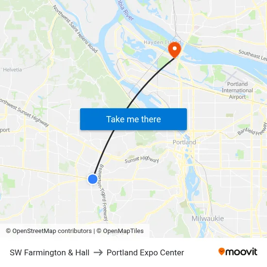 SW Farmington & Hall to Portland Expo Center map