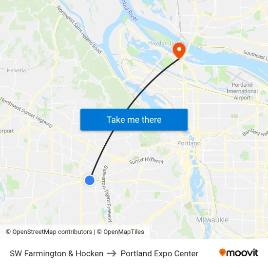 SW Farmington & Hocken to Portland Expo Center map
