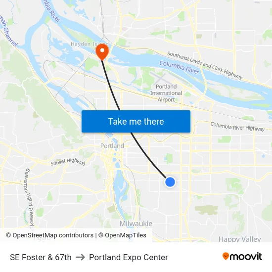 SE Foster & 67th to Portland Expo Center map
