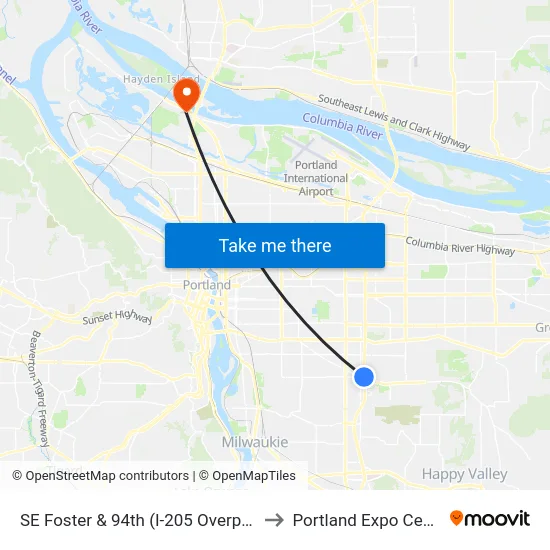 SE Foster & 94th (I-205 Overpass) to Portland Expo Center map