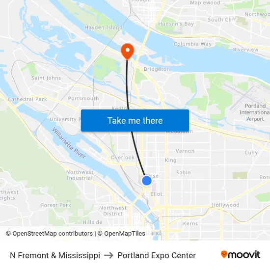 N Fremont & Mississippi to Portland Expo Center map