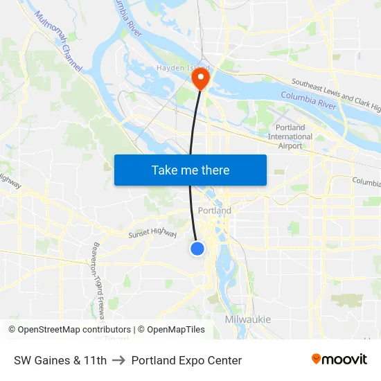 SW Gaines & 11th to Portland Expo Center map