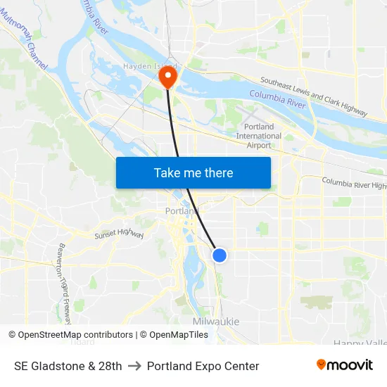 SE Gladstone & 28th to Portland Expo Center map