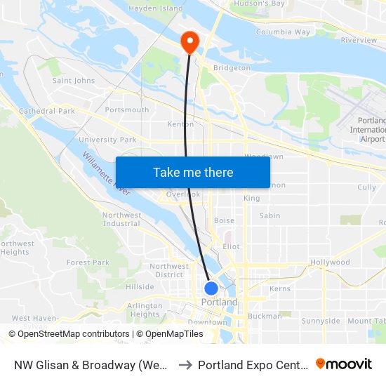 NW Glisan & Broadway (West) to Portland Expo Center map