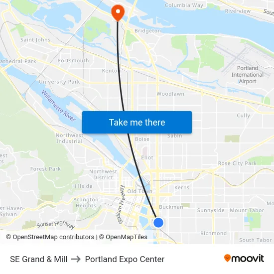 SE Grand & Mill to Portland Expo Center map