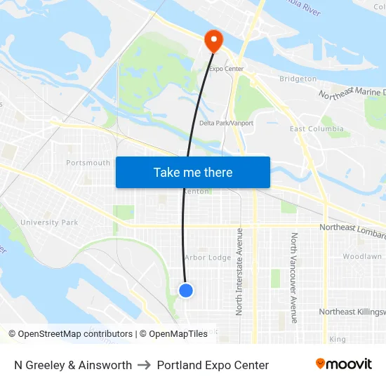 N Greeley & Ainsworth to Portland Expo Center map