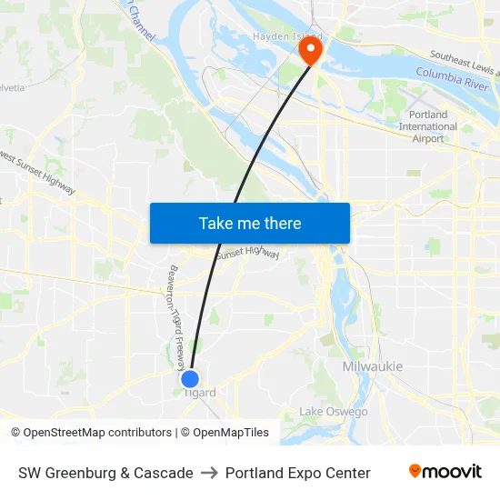 SW Greenburg & Cascade to Portland Expo Center map