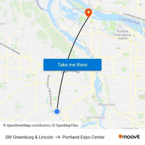 SW Greenburg & Lincoln to Portland Expo Center map