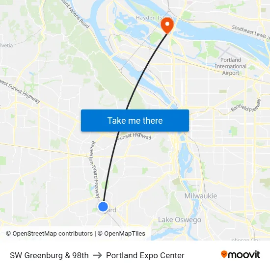 SW Greenburg & 98th to Portland Expo Center map