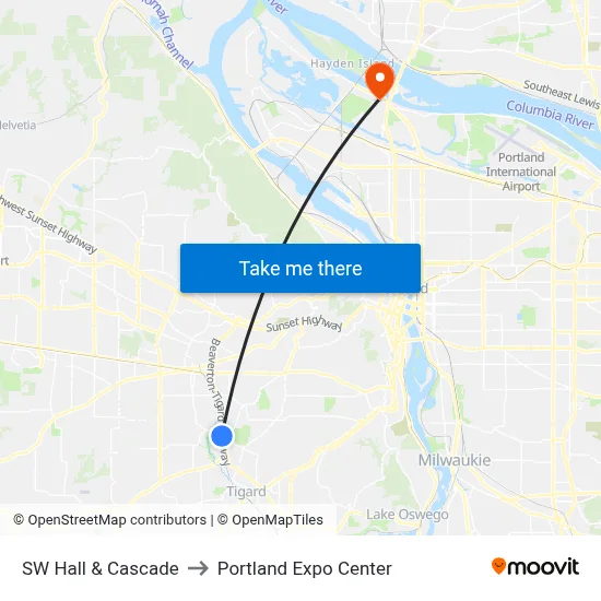 SW Hall & Cascade to Portland Expo Center map