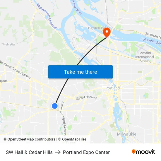 SW Hall & Cedar Hills to Portland Expo Center map